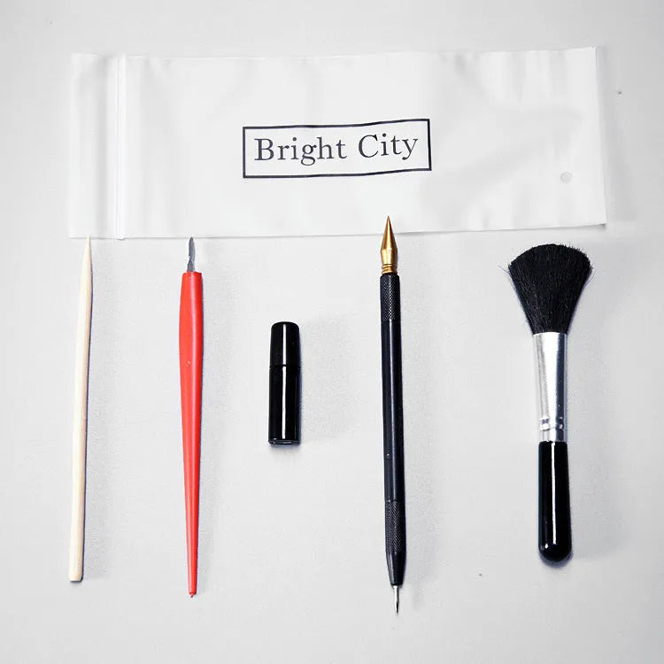Scratch art tool kit with gold-plated pen, repair liquid, scraping pens, and brushes