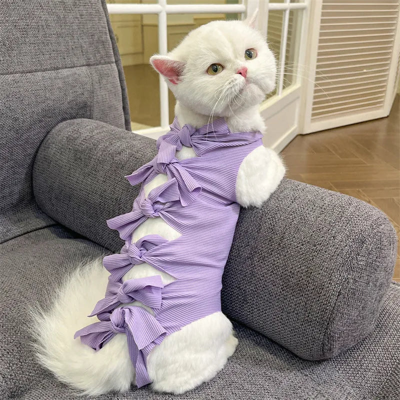 Lace-up cat sterilisation recovery clothing in purple, showing the adjustable fastening and full-body design.