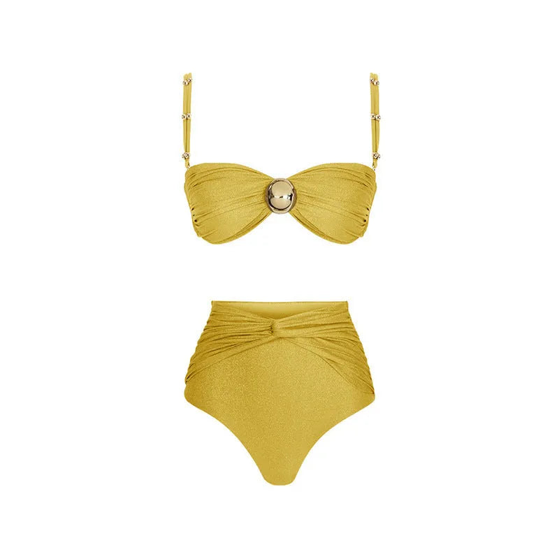 Women's high-waist bikini swimsuit set with top, bottoms, and a removable skirt on a mannequin.