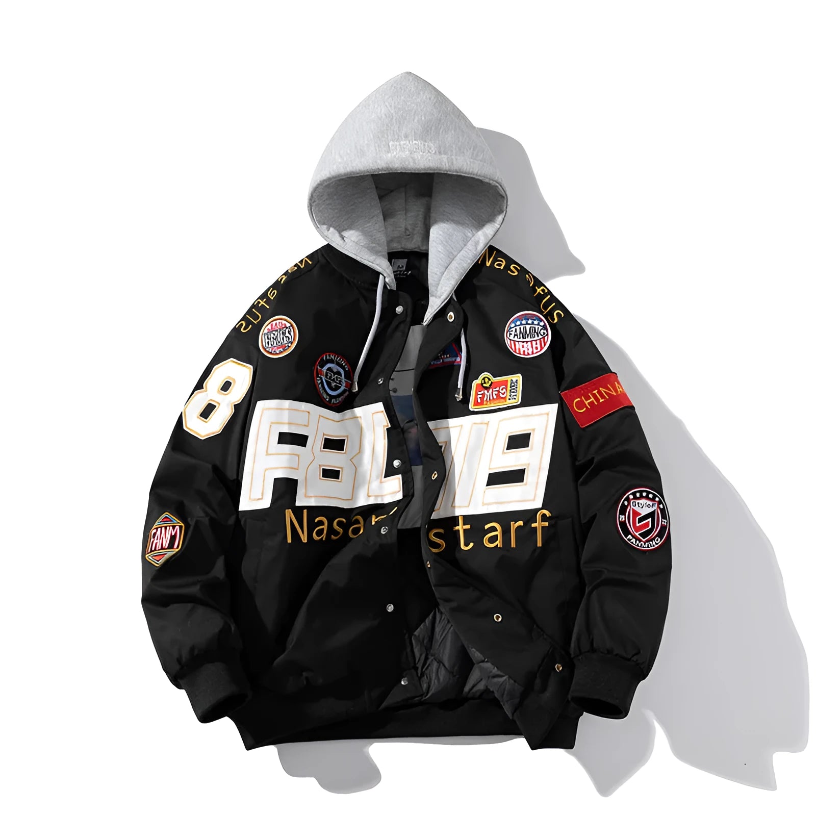 Black, red, and blue American motorcycle baseball uniform jackets shown in hooded and non-hooded styles.