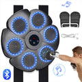 Black smart boxing target with LED lights and Bluetooth connectivity including half-finger gloves