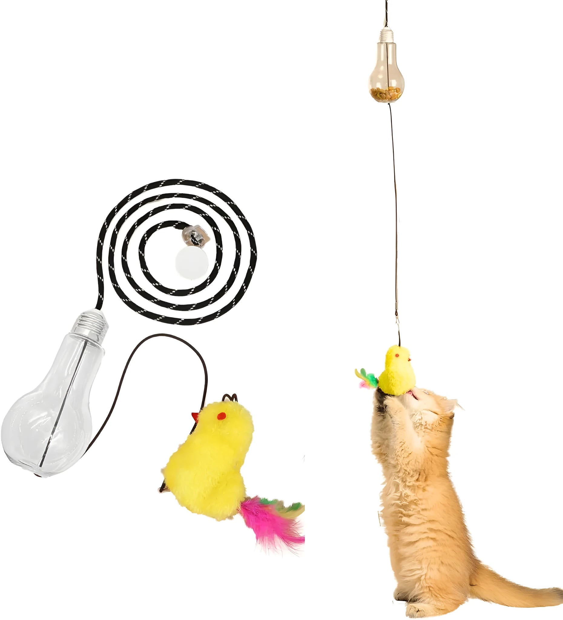 Grey and yellow interactive cat toy with retractable elastic rope, dangling mouse toy, and treat dispenser bulb