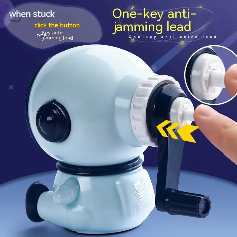 Astronaut-themed manual pencil sharpener in blue or pink with adjustable three-level sharpening for 2mm pencils