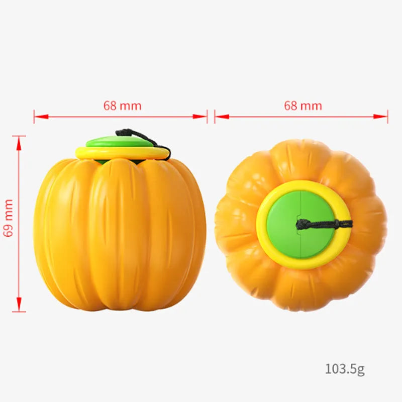 Green, orange, and yellow plastic pumpkin-shaped dog balls with squeakers for small dogs