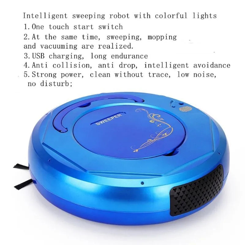 Smart floor sweeping robot vacuum cleaner in black, blue, or white colours on a hard floor surface.