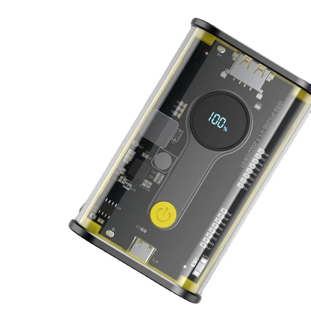 Transparent yellow industrial power bank showing internal battery components with aluminium casing