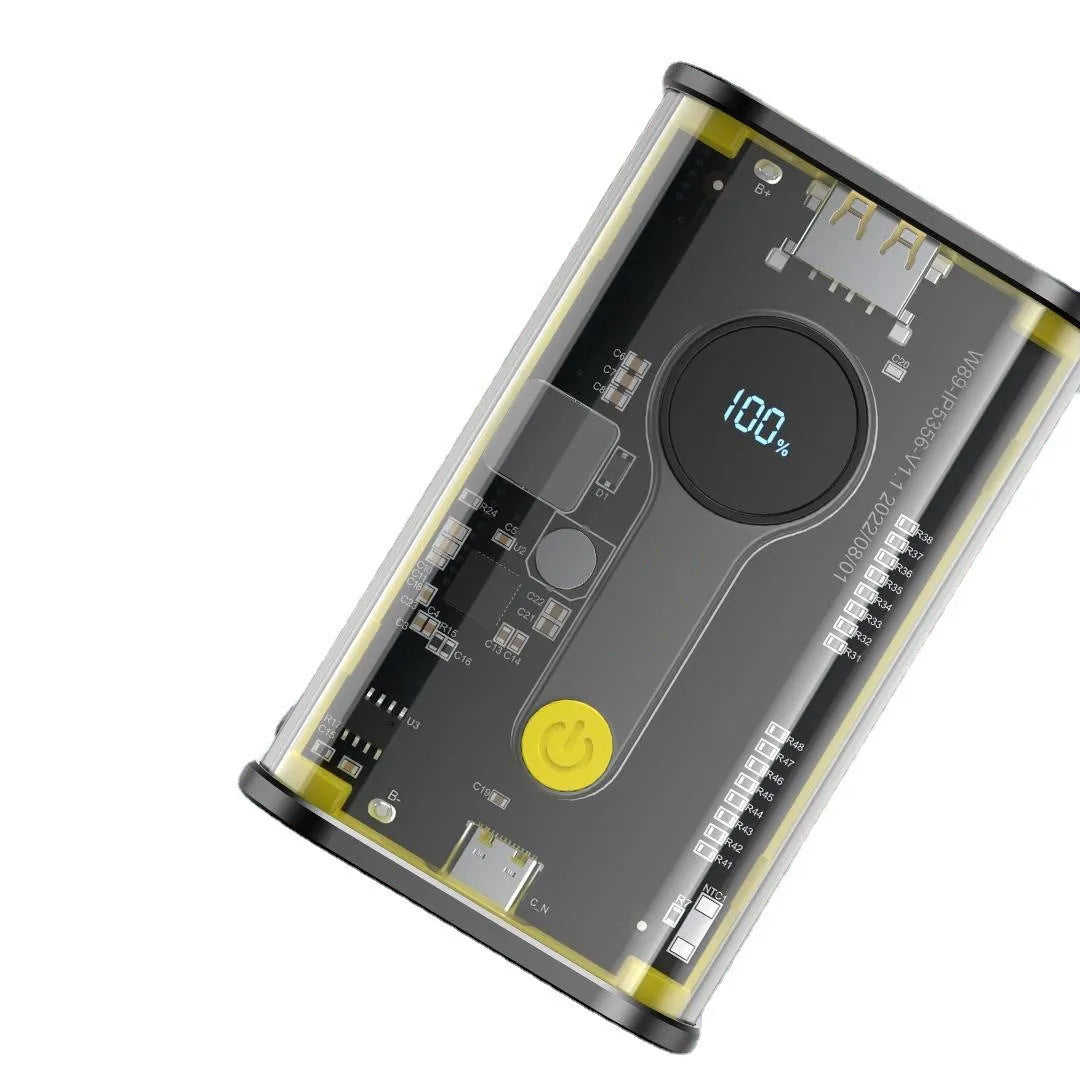 Transparent yellow industrial power bank showing internal battery components with aluminium casing