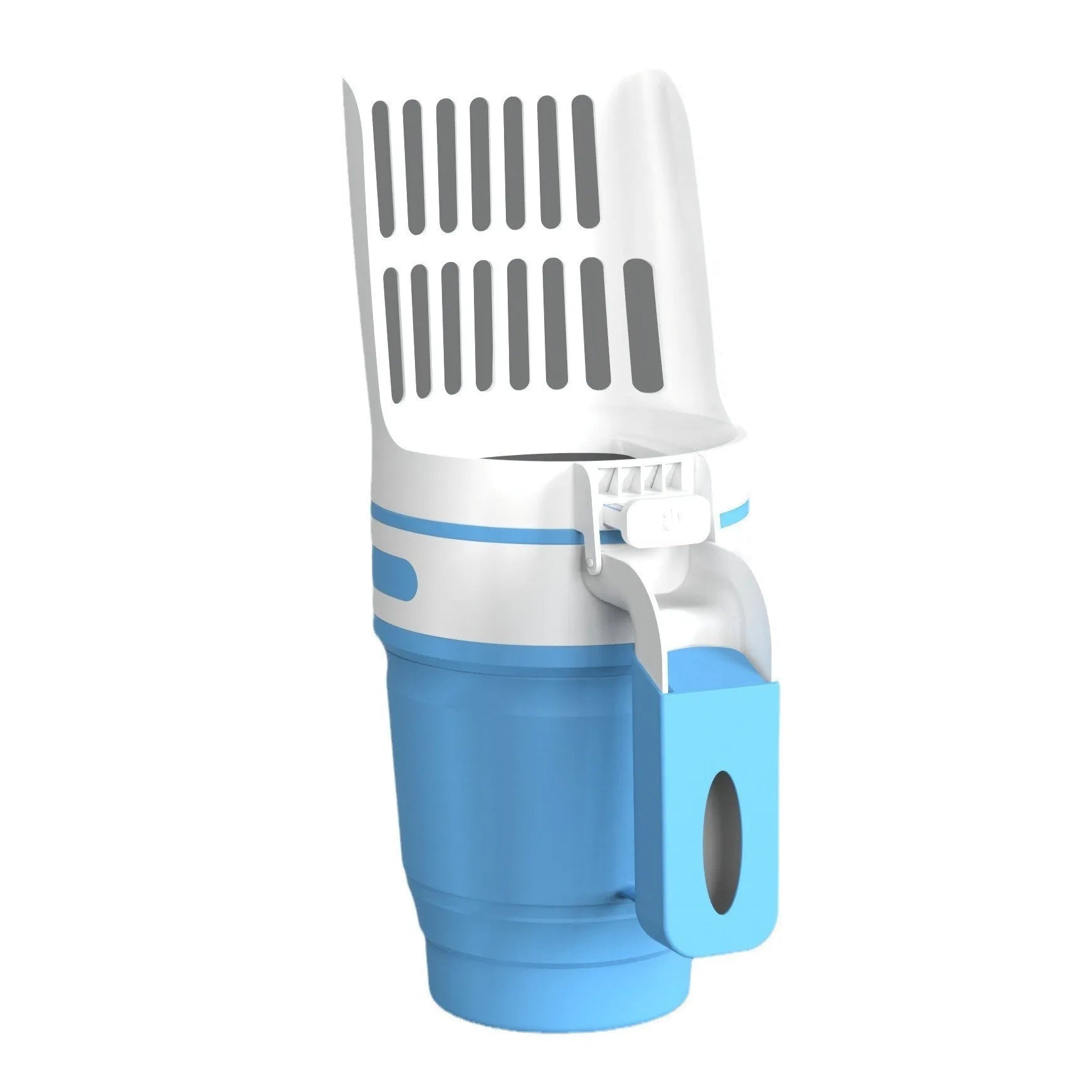 Grey, blue, and green self-cleaning cat litter scoop with attached waste collection bin in folded and unfolded positions