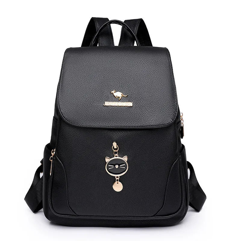 Women's casual PU leather backpack with three-dimensional pockets and line pattern details
