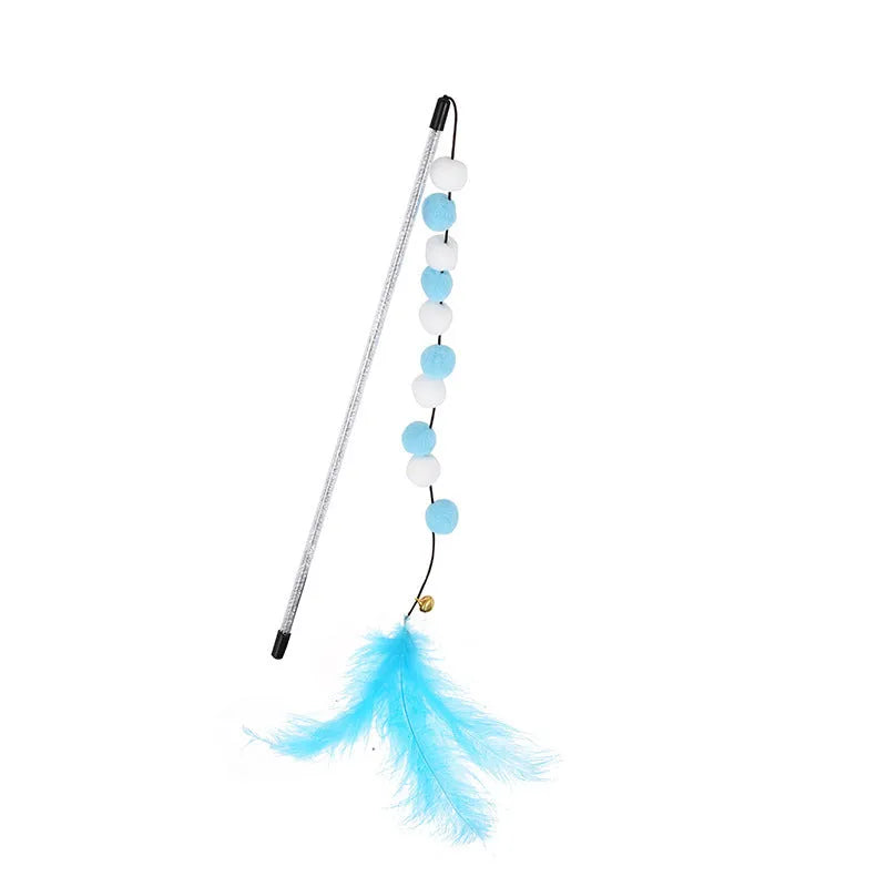 Blue cat feather teaser stick with bell measuring 31cm long for interactive play