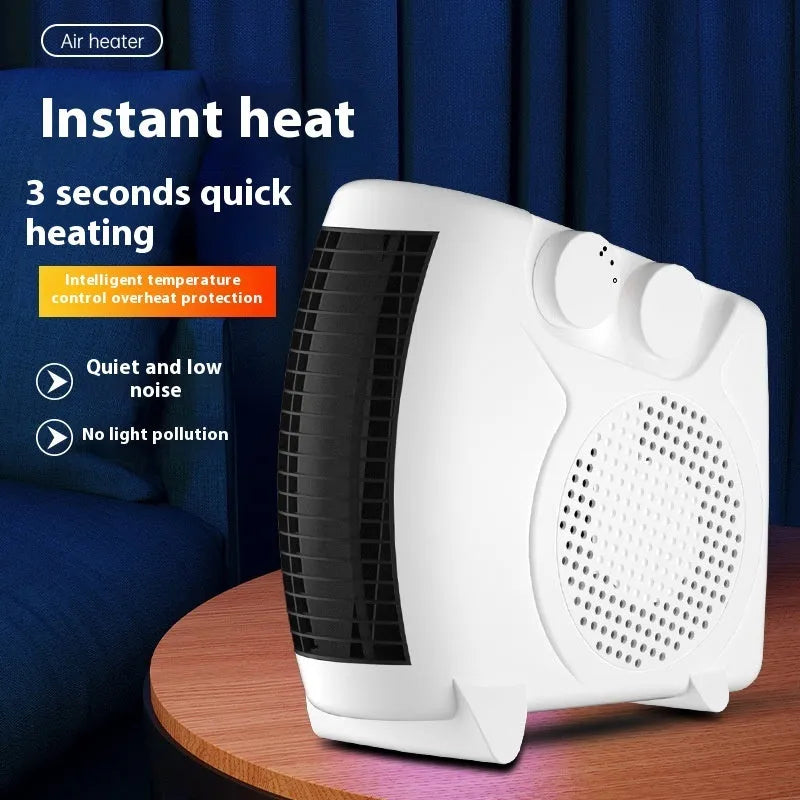 Small white desktop electric heater with power settings and compact dimensions for home office use