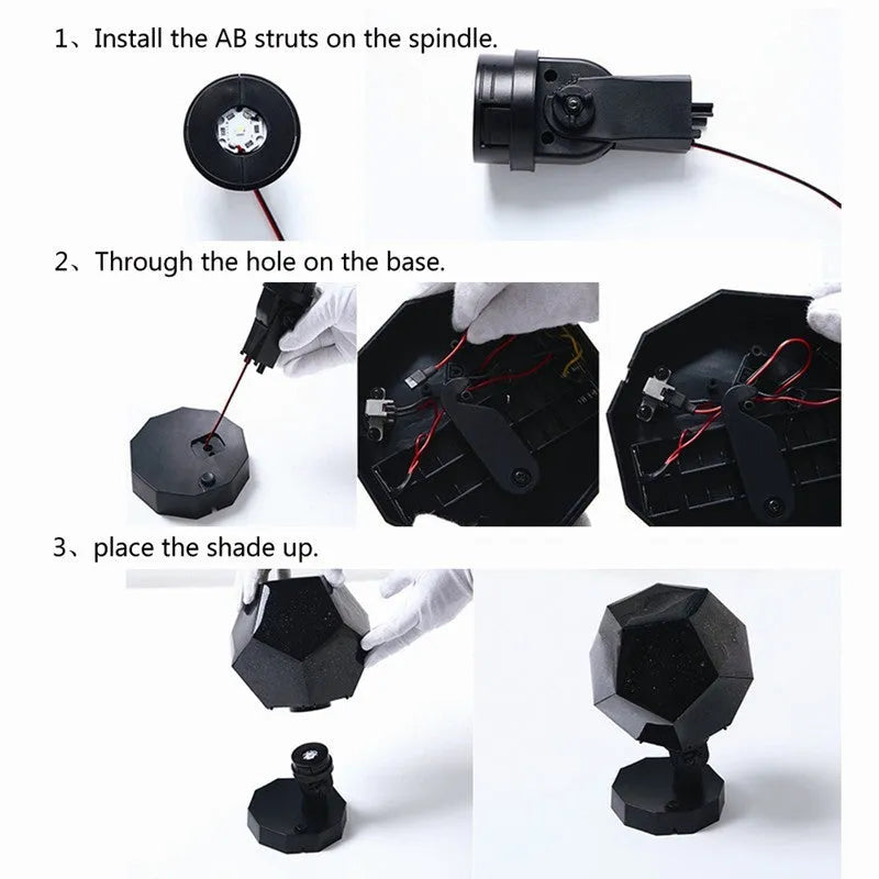LED starry sky projector night light projecting constellations on a bedroom ceiling with remote control.