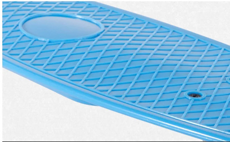 Four-wheel skateboard with blue PP deck, magnesium aluminium trucks, and flashing PU wheels on white background