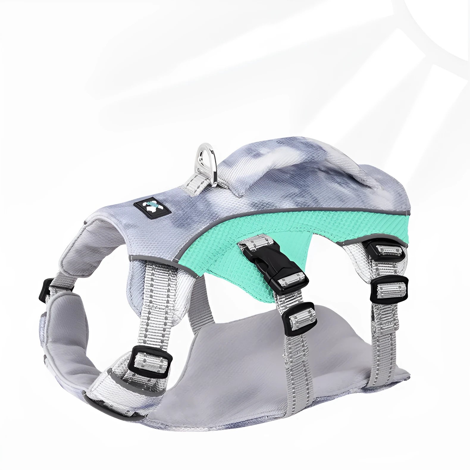 Reflective dog chest strap in light blue colour showing cooling clothes attachment points
