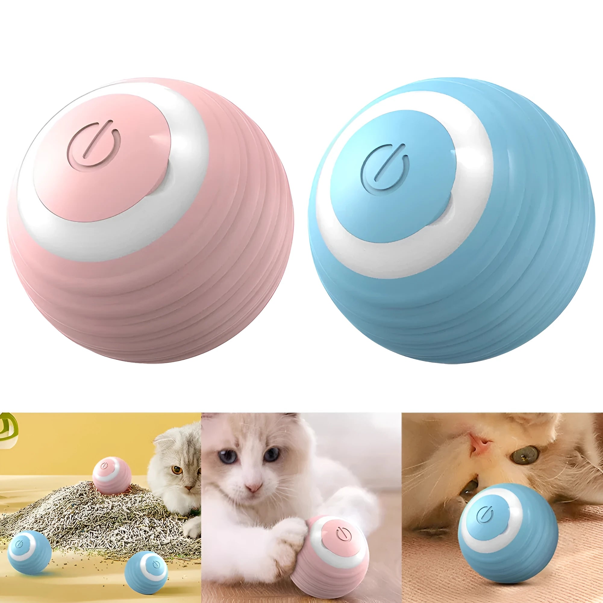 Automatic moving cat toy ball in blue or pink with self-bouncing rolling motion