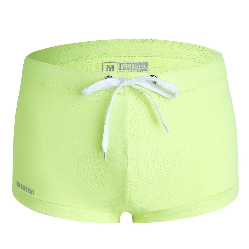 Men's low waist boxer swimming trunks in nylon lace fabric for beach and hot spring wear