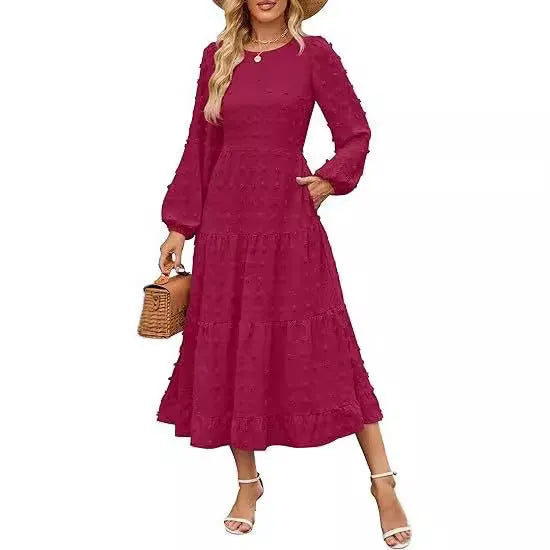 Beige casual long sleeve dress with ruffled sleeves, high waist, and round neck