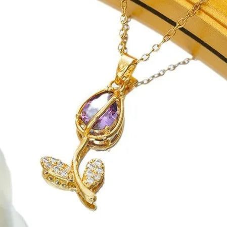 Zircon tulip necklace with titanium steel chain and gold flower pendant on adjustable O-ring