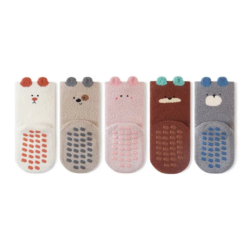 Cartoon fleece-lined children's socks in khaki with mid-calf shaft height