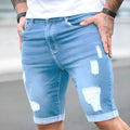 Sky blue men's denim shorts with a multi-hole distressed design on the front, showing a low waist and straight leg cut.
