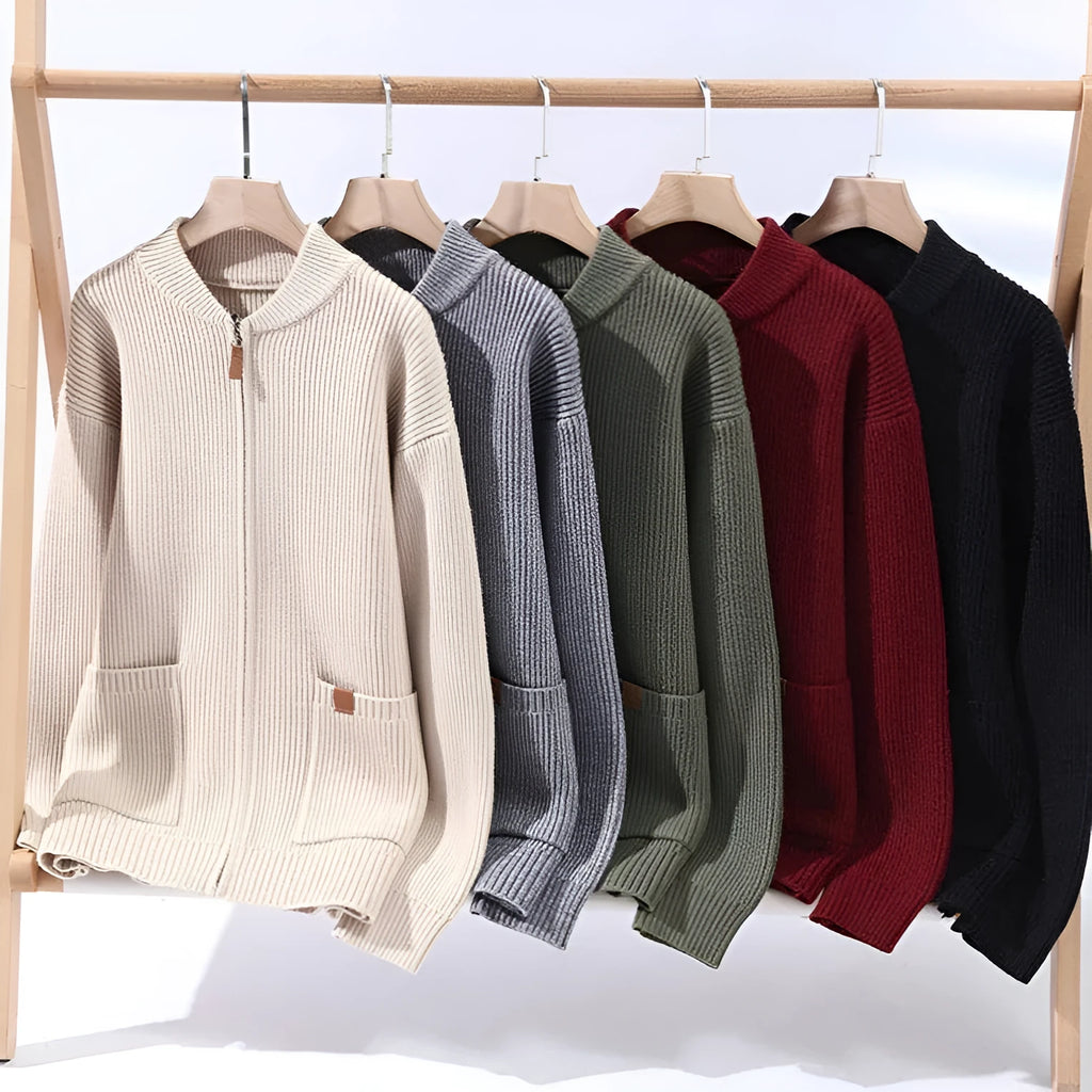 Men's straight-cut striped cardigan in a polyvinyl alcohol fibre blend, shown in beige colour.