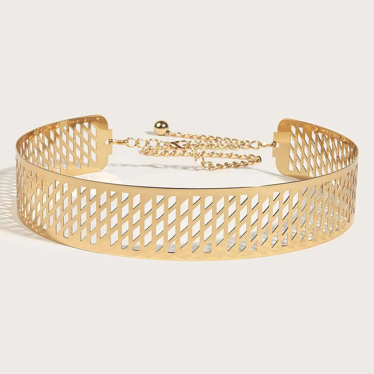 Gold punk waist chain belt with alloy buckle, 105cm long and 4.5cm wide.