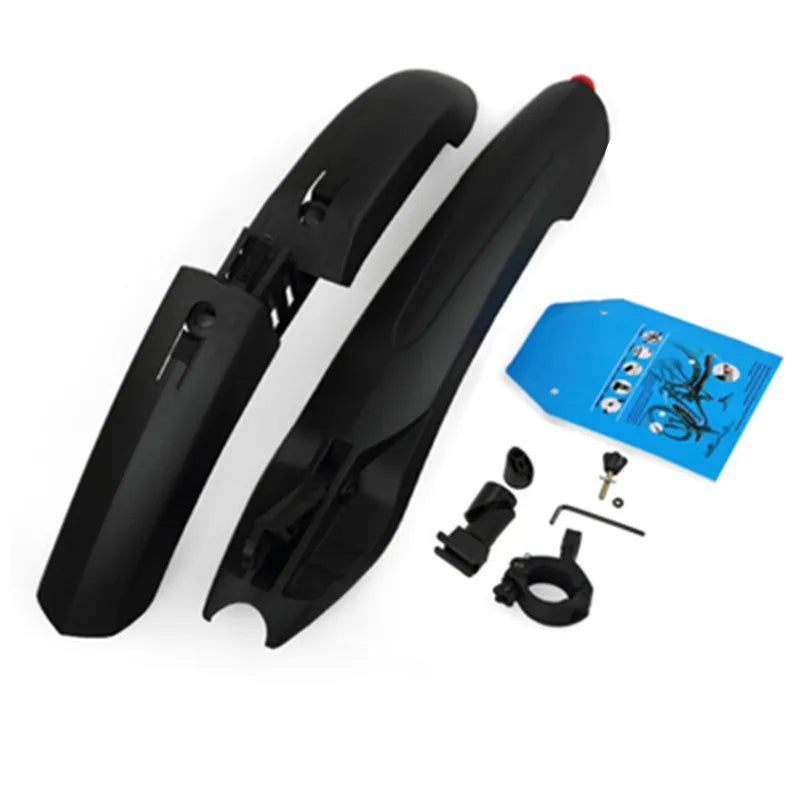 Mountain bike mudguard set with quick-release design, plastic construction, rubber arc ends, and rear tail light, in multiple colours