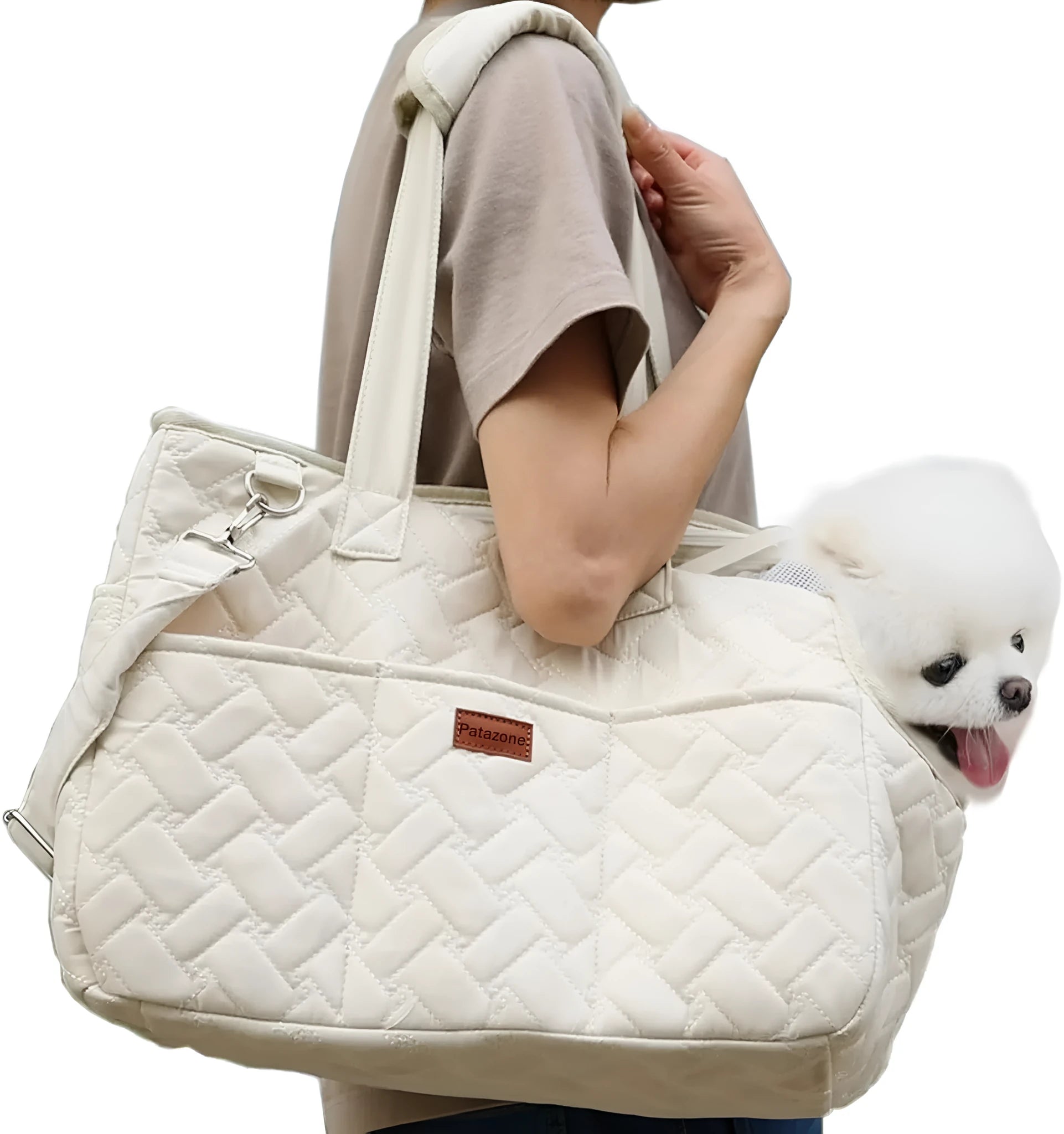 Grey and white pet carrier handbag with mesh panels and multiple pockets