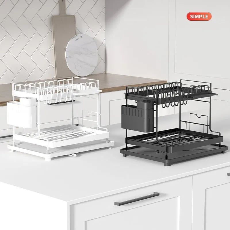 White double-layer kitchen draining rack with removable storage compartments above sink