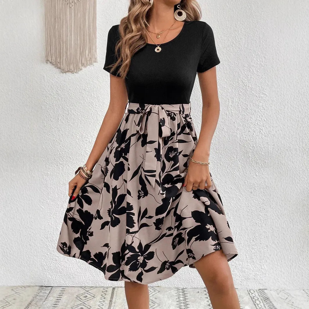 Women's casual print lace-up dress with A-line skirt and shoulder strap detail in khaki colour