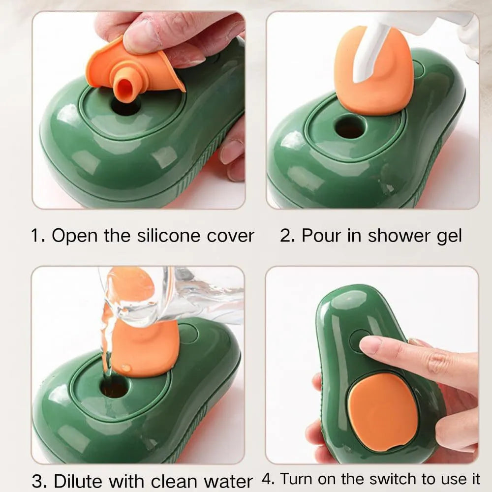 Green and white cat steam brush with water spray system and silicone teeth for pet grooming