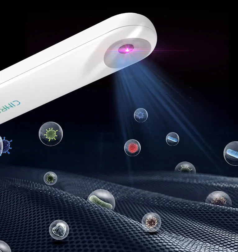 White portable UV sterilizer showing compact 116mm design with dimensions and battery specifications