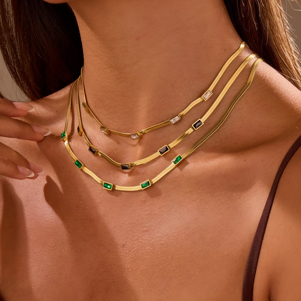 Geometric square zircon necklace on stainless steel flat snake chain in gold or steel finish