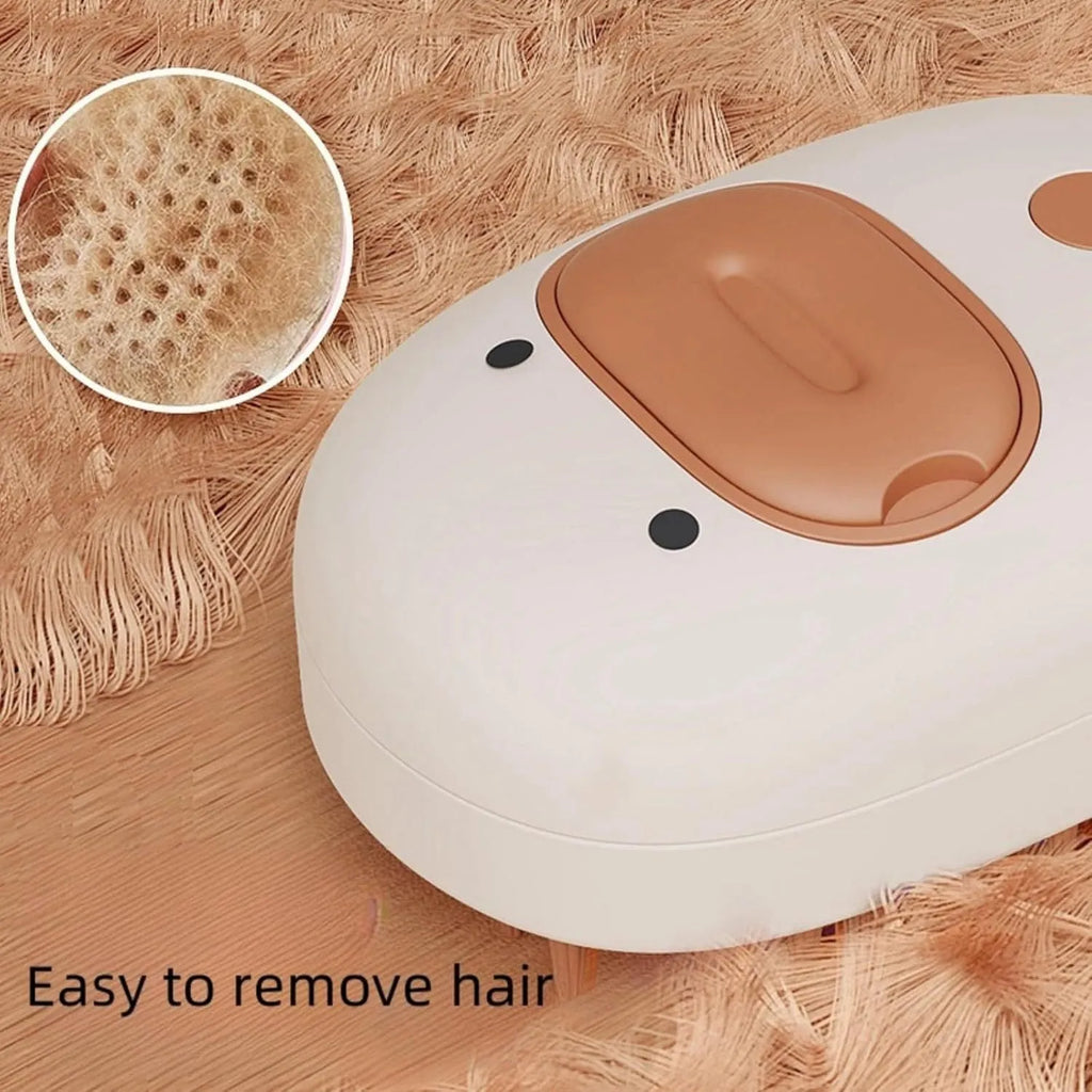 White and yellow rechargeable pet steam brush with rubber comb teeth and water tank.