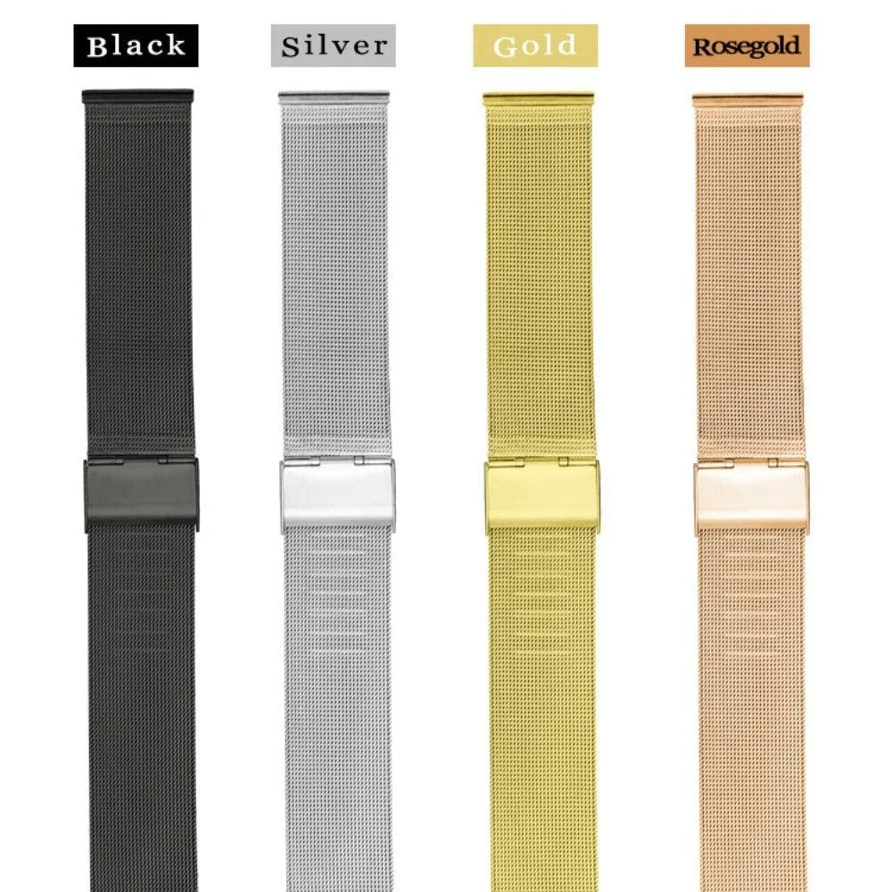 Milani silk woven stainless steel watch band in silver, showing textured finish and metal clasp