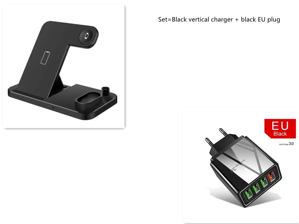4-in-1 wireless charging station showing phone, Apple Watch, AirPods and Apple Pencil charging simultaneously on adjustable stand