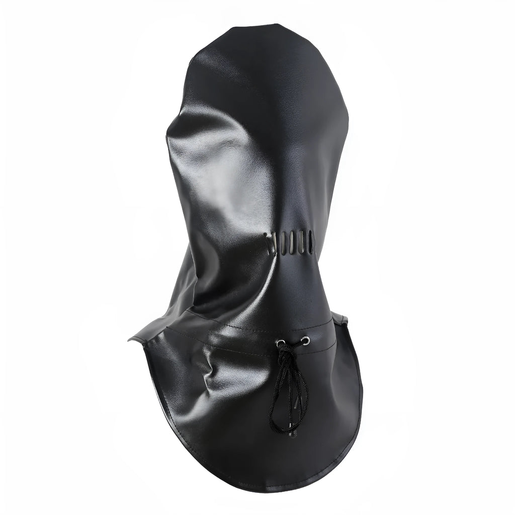 Black leather training mask with single eye openings and adjustable strap