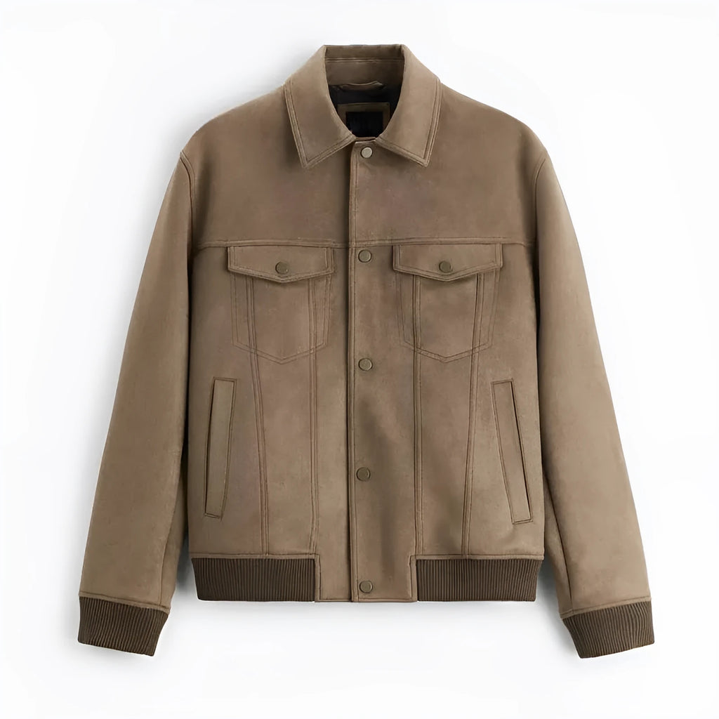 Women's light grey suede velvet commuter jacket with long sleeves and a British-style cut.