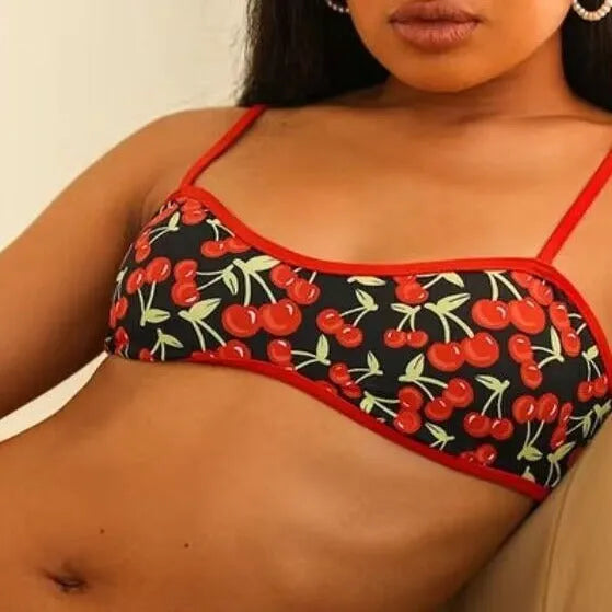 Cherry print polyester bikini swimsuit for women with tube top and brief-style bottoms