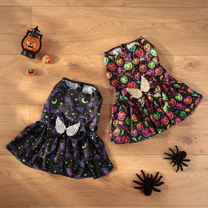 Angel wings Halloween costume for dogs in bright pumpkin or bat designs
