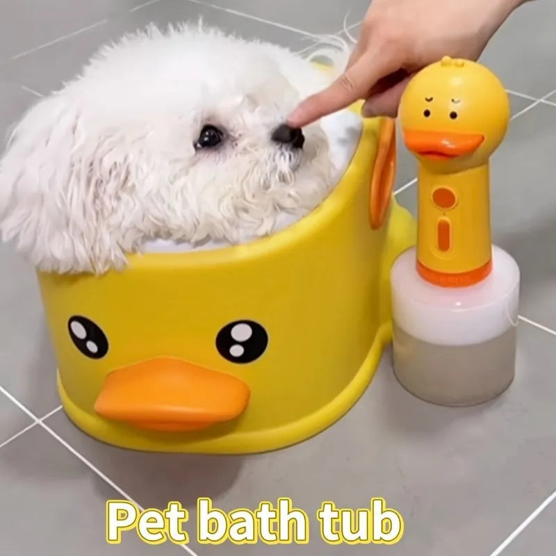 Blue PVC bathtub shaped like a duck for washing dogs and cats, shown on a patio.