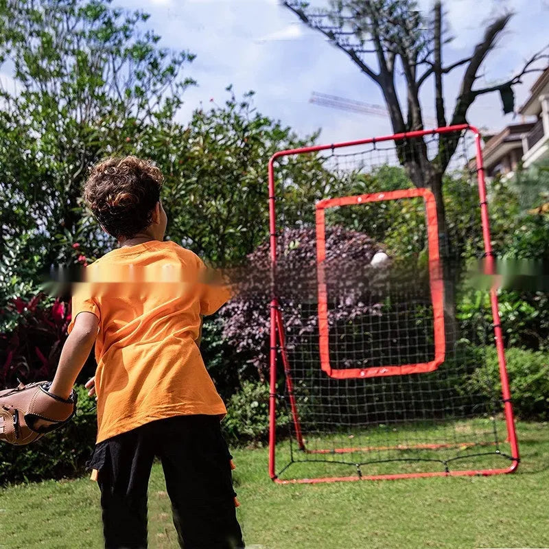 Red 4x6FT portable baseball training net with adjustable metal frame for backyard sports practice