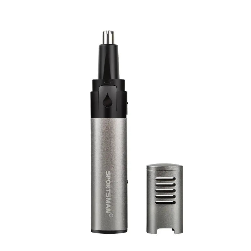 Silver grey metal aluminium tube USB rechargeable nose hair trimmer on clean background