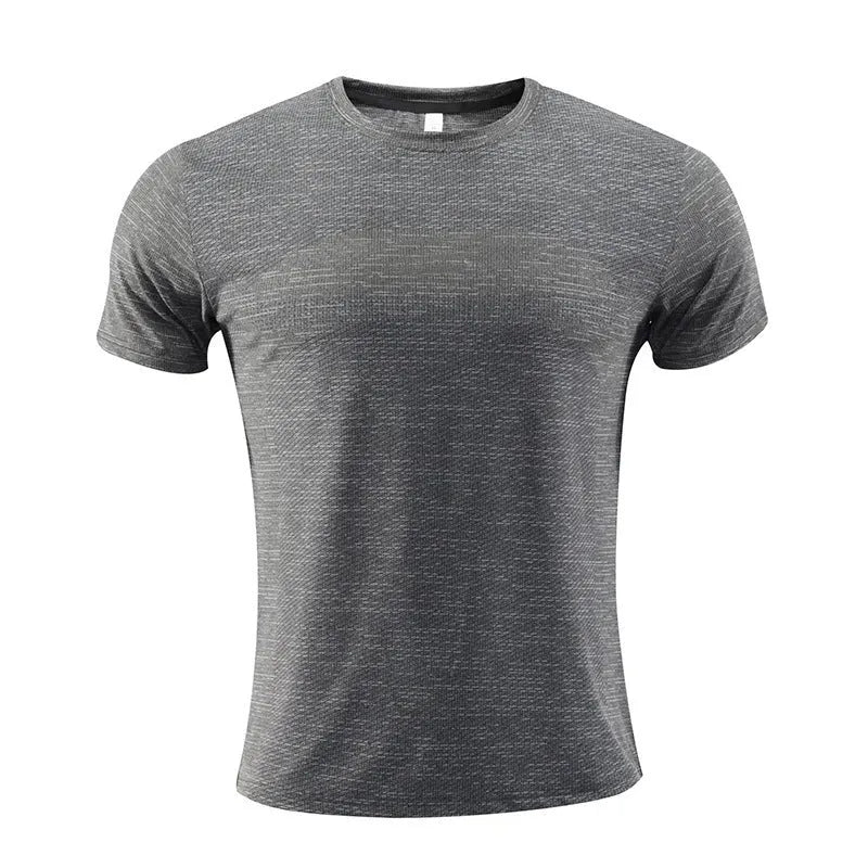 Men's short sleeve sports t-shirt in polyester spandex for running and basketball workouts.