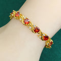 Female model wearing a golden green AAA zircon inlaid copper bracelet with a retro leaf shape design.