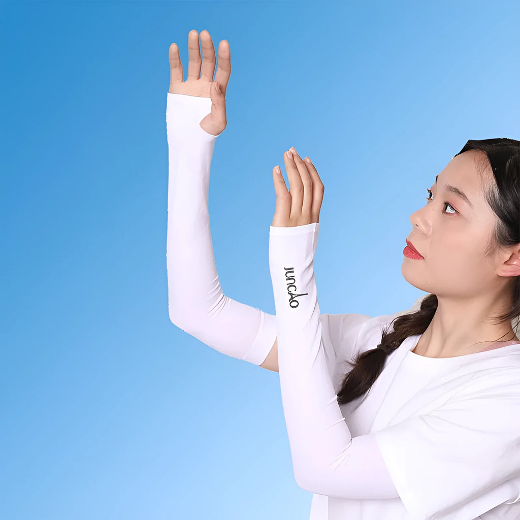 Open finger driving sun protection sleeves in five colours showing arm coverage design
