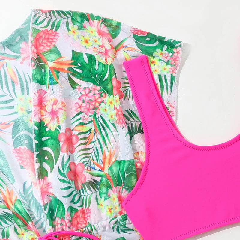Girls' two-piece floral print swimsuit set in polyester fabric for swimming