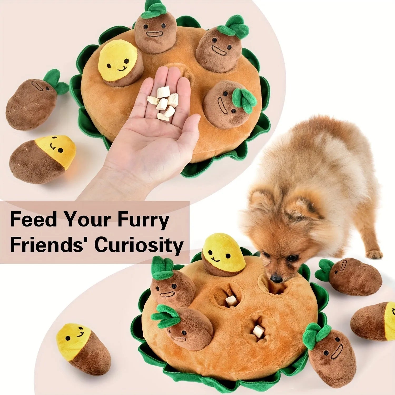 Yellow interactive dog puzzle pad with foraging pockets and removable squeaky plush toys