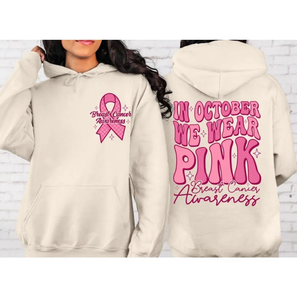 Breast cancer awareness hooded sweatshirt with retro print and side seam pockets in khaki colour
