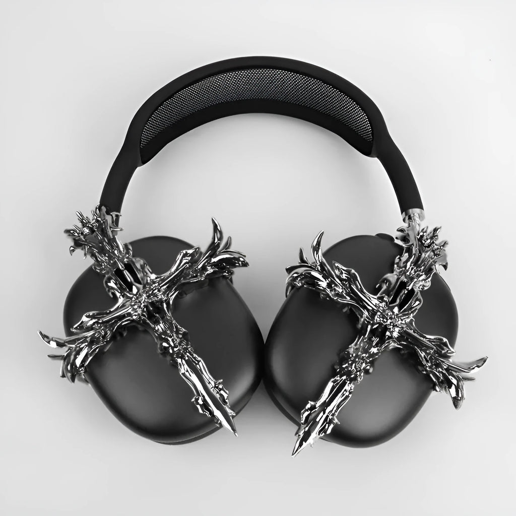 Gothic cross patterned resin cover for Apple AirPods Max headphones in silver colour